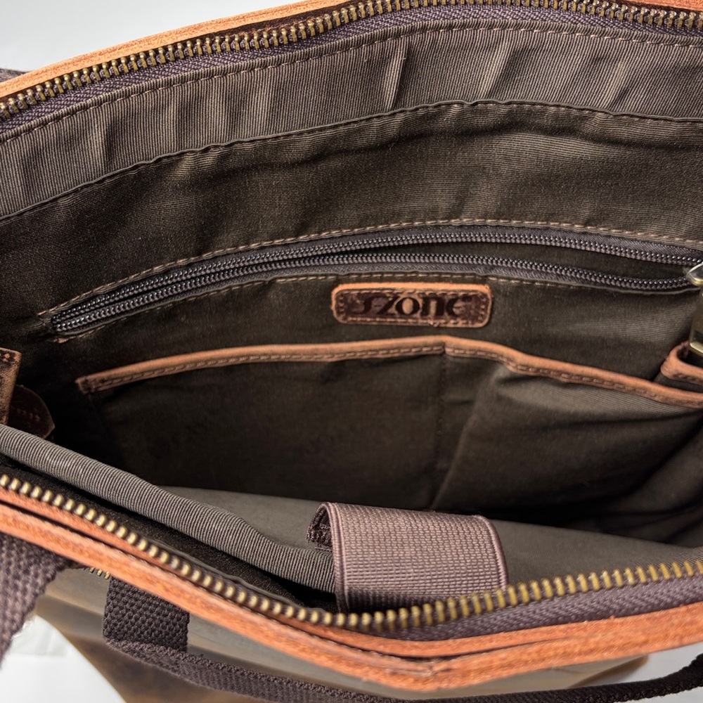 S-Zone Distressed Leather Tote Bag Brown Laptop Work Bag + Card Holder - Picture 9 of 13